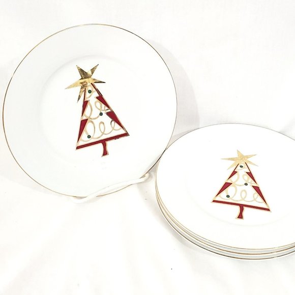 Set of 4 Pier 1 Christmas Tree 7.5” Dessert Salad Plate stylized holiday tree - Picture 3 of 9